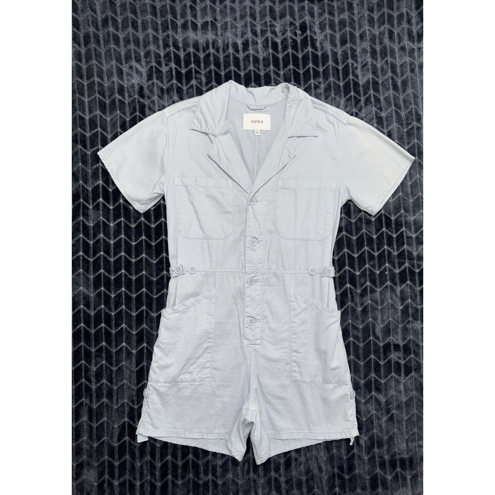 Pistola Grover Short Sleeve Button Front Romper Light Blue Utility Size M